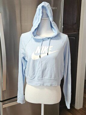 Nike Women's Cropped Logo Light Blue Hoodie Sweatshirt Pullover Size S Swoosh